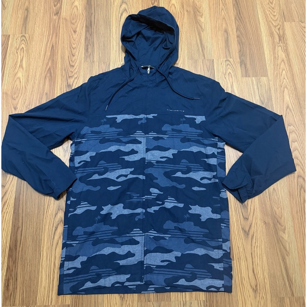 TravisMathew Camo Tech Hoodie Men M Blue Full Zip Performance Golf Jacket